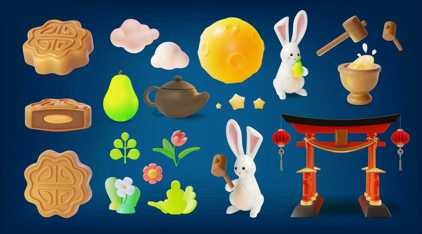 3d Happy Mid Autumn Festival Concept Cartoon Style. Vector