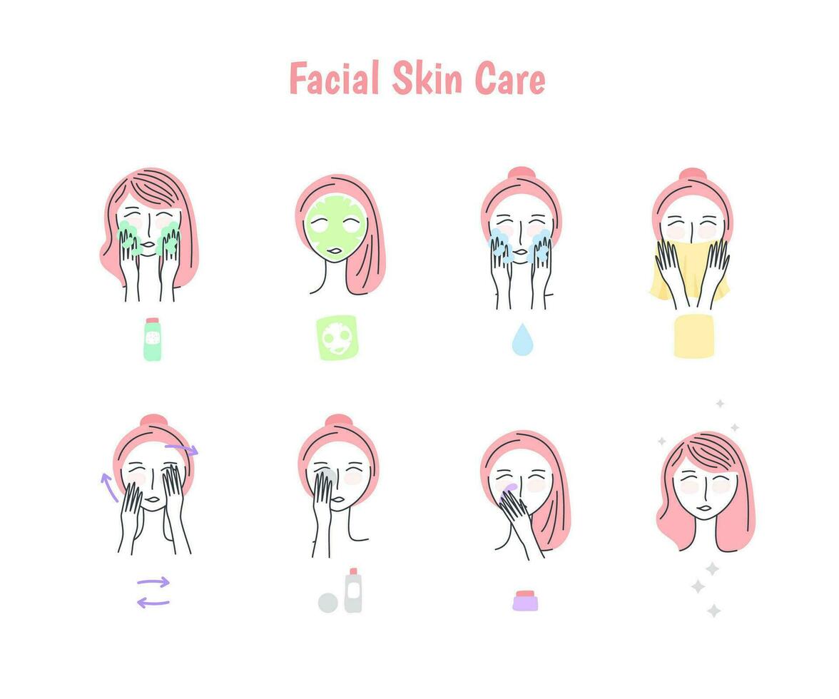 Cartoon Color Care About Face Facial Cosmetic Treatment Icon Set. Vector