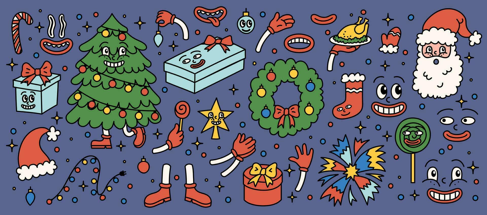 Cartoon Color Trendy Retro Merry Christmas Icon Set. Vector