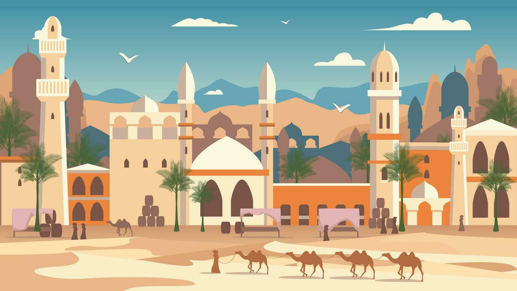 Cartoon Color Arab Desert Saudi Market Landscape Scene Concept. Vector