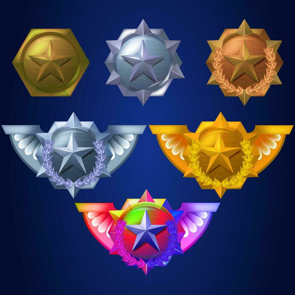 Realistic Detailed 3d Color Different Game Ranking Badge Set. Vector