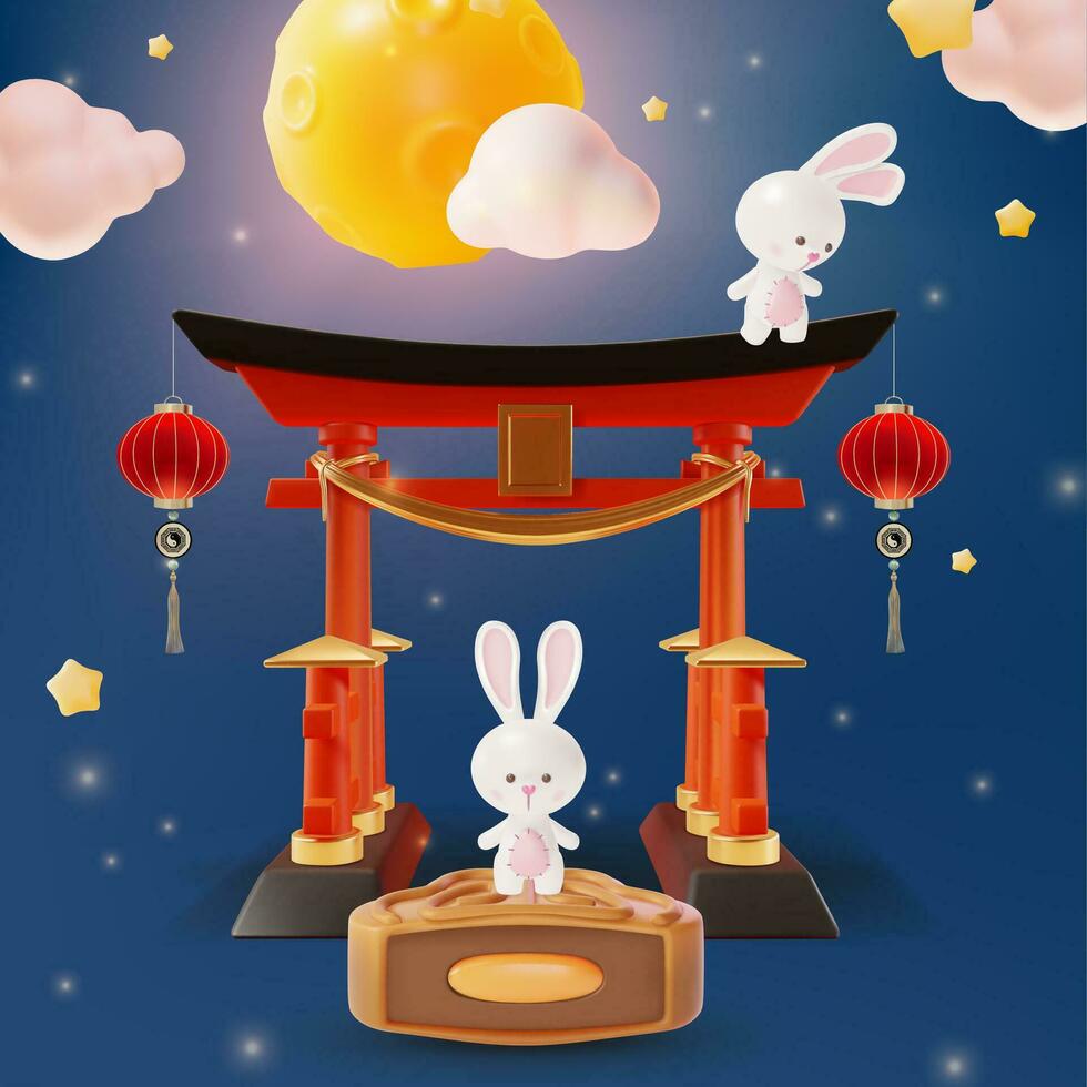 3d Happy Mid Autumn Festival Concept Background Cartoon Style. Vector