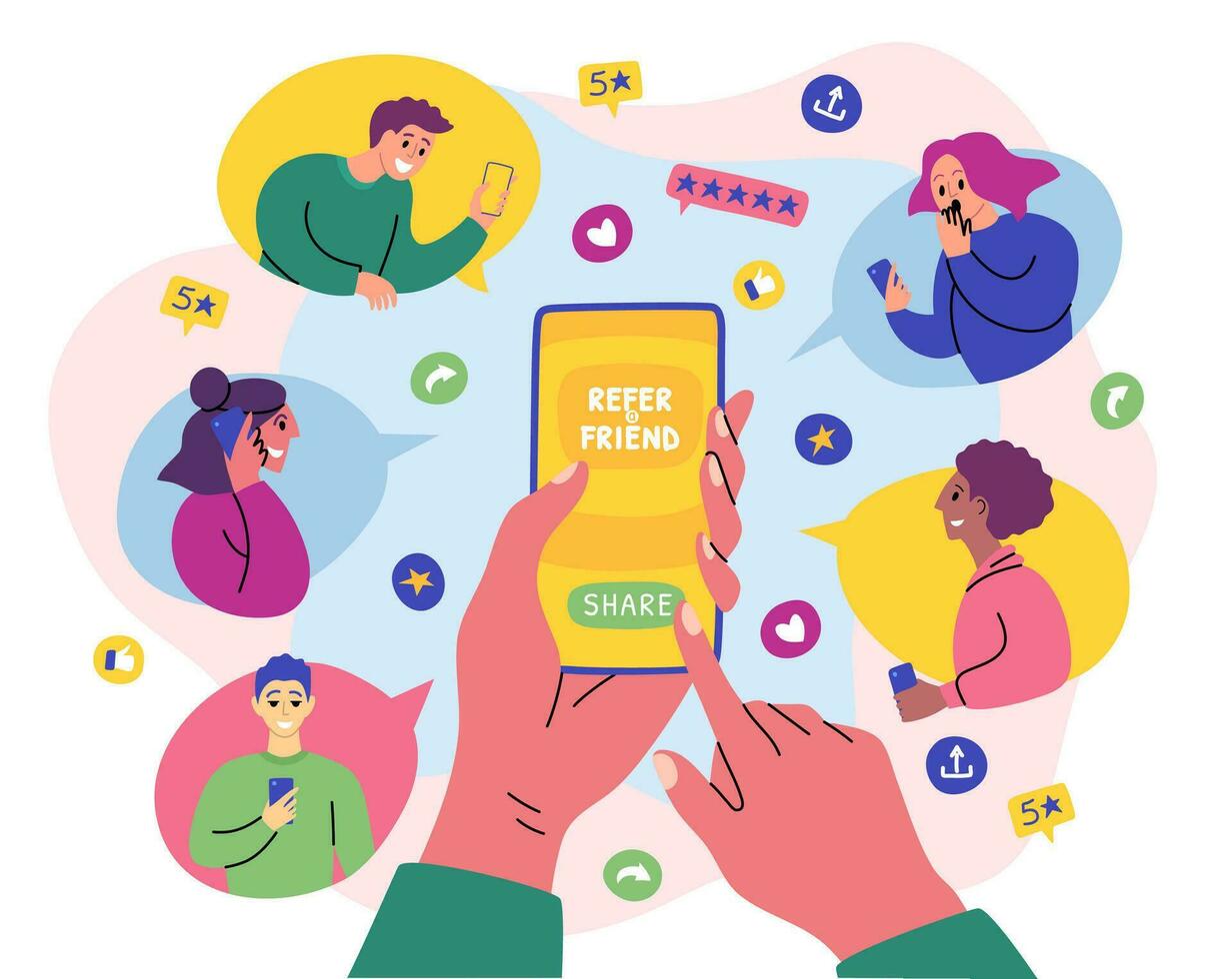 Cartoon Color Characters People and Refer a Friend Concept. Vector