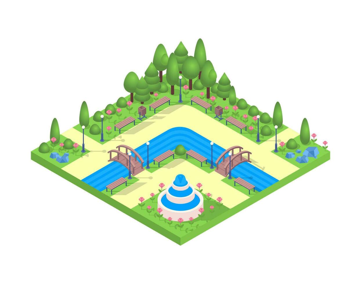Color Isometric Public City Park Concept. Vector