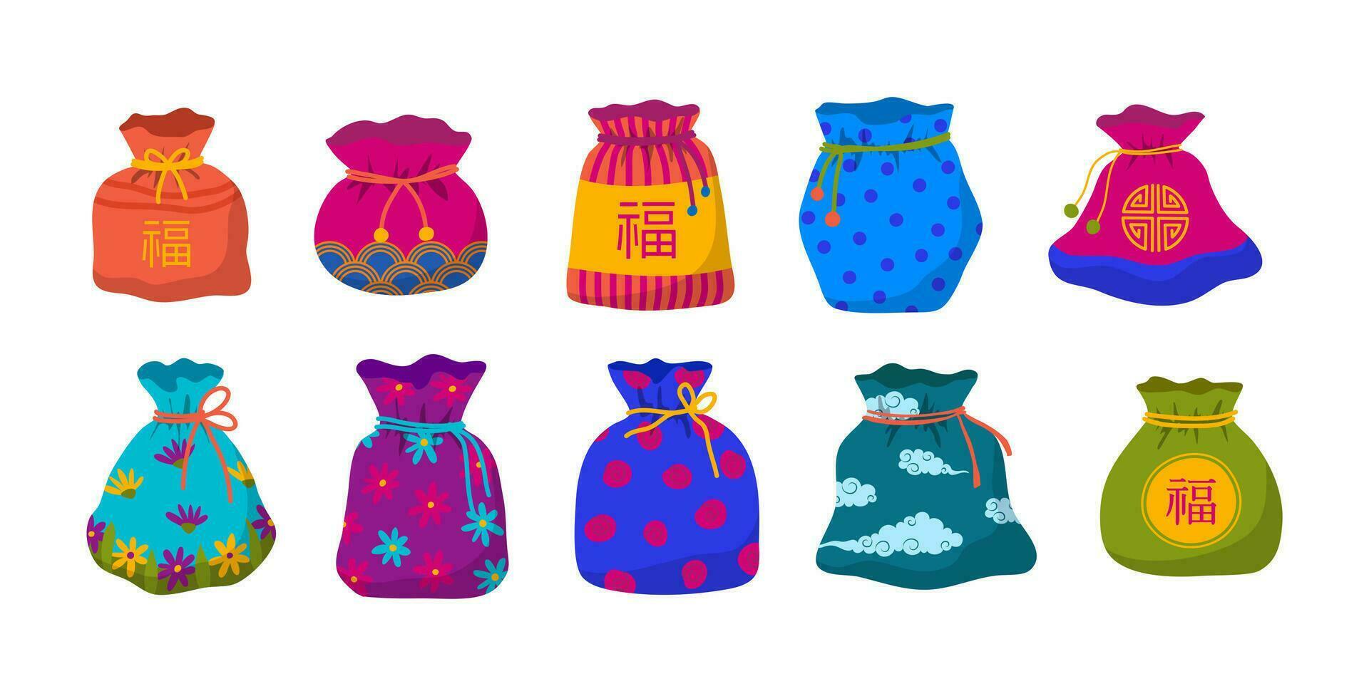 Cartoon Color Lucky Bags Cute Traditional Asian Icon Set. Vector