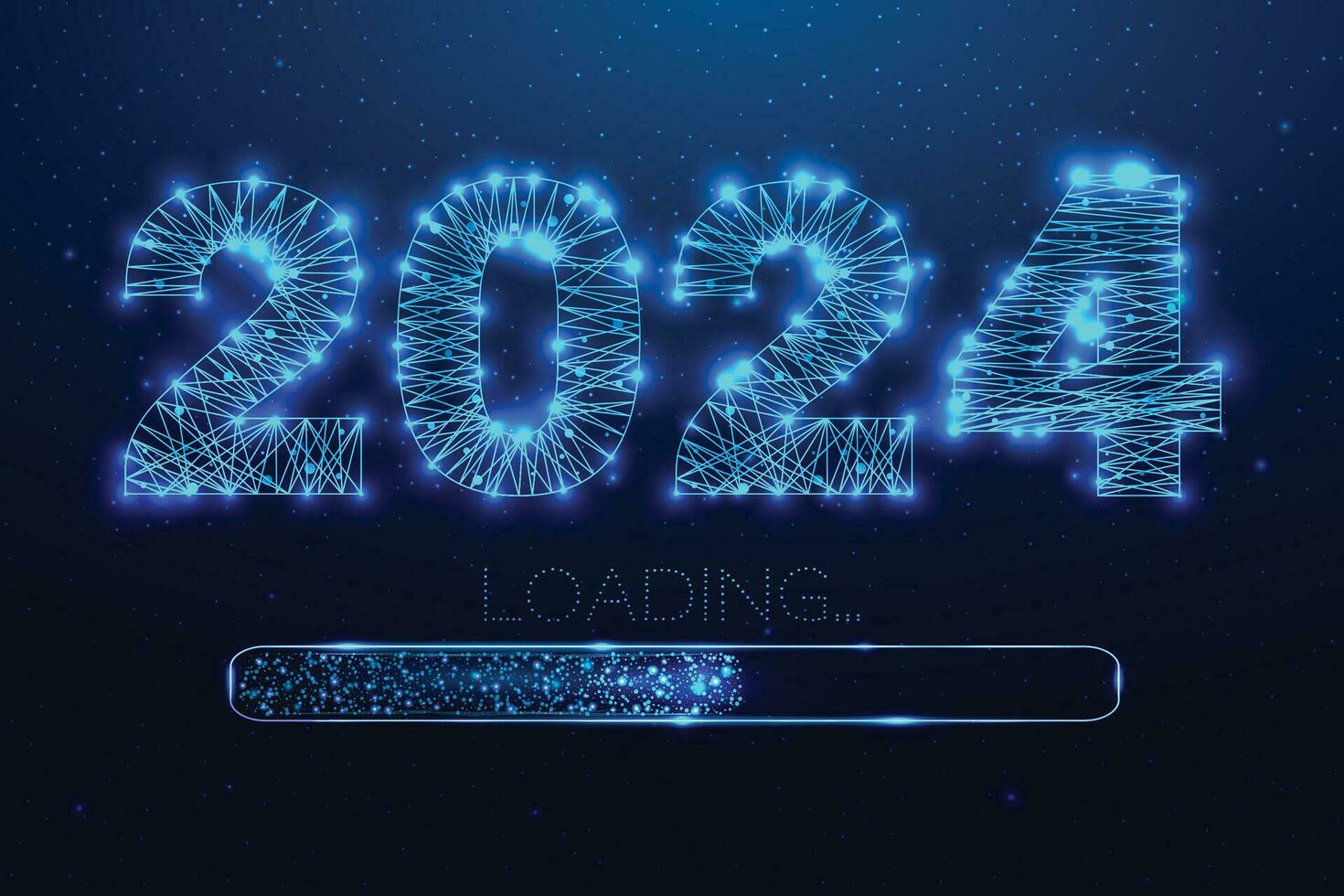 New year 2024 loading. Loading bar. Low poly style design. Numbers from a polygonal wireframe mesh. Abstract vector illustration on dark background