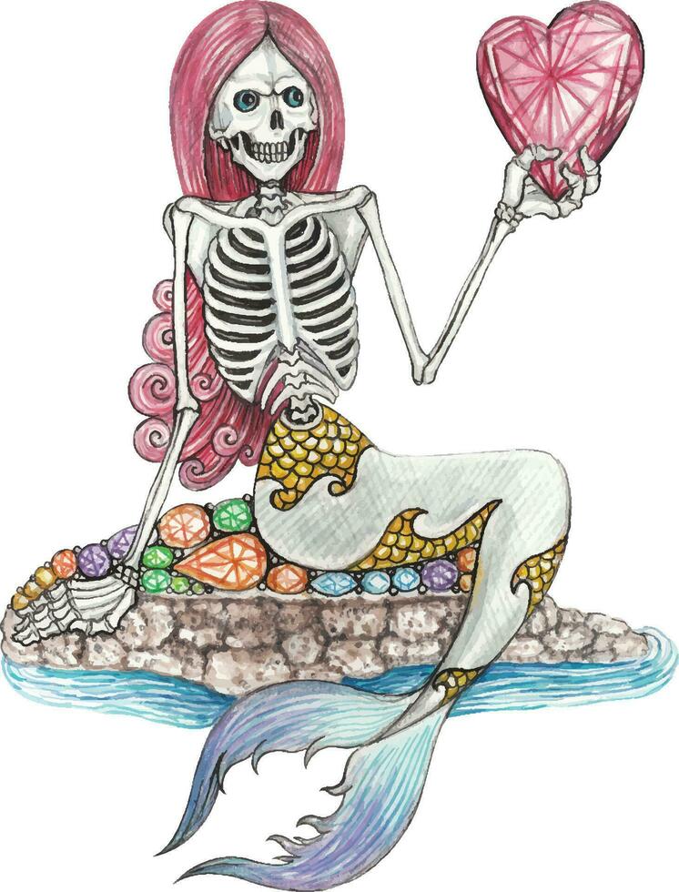 Mermaid skull hand drawing and make graphic vector. vector