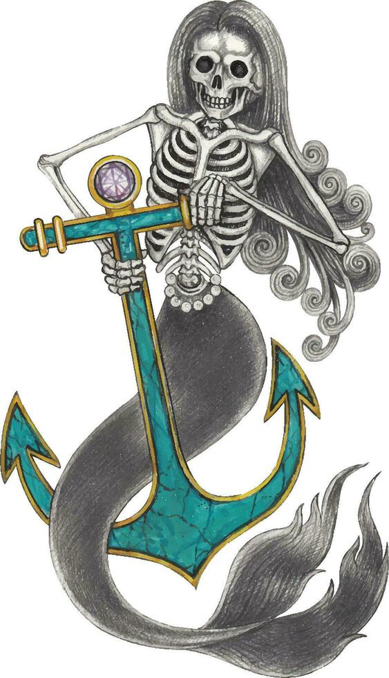 Mermaid skull hand drawing and make graphic vector. vector