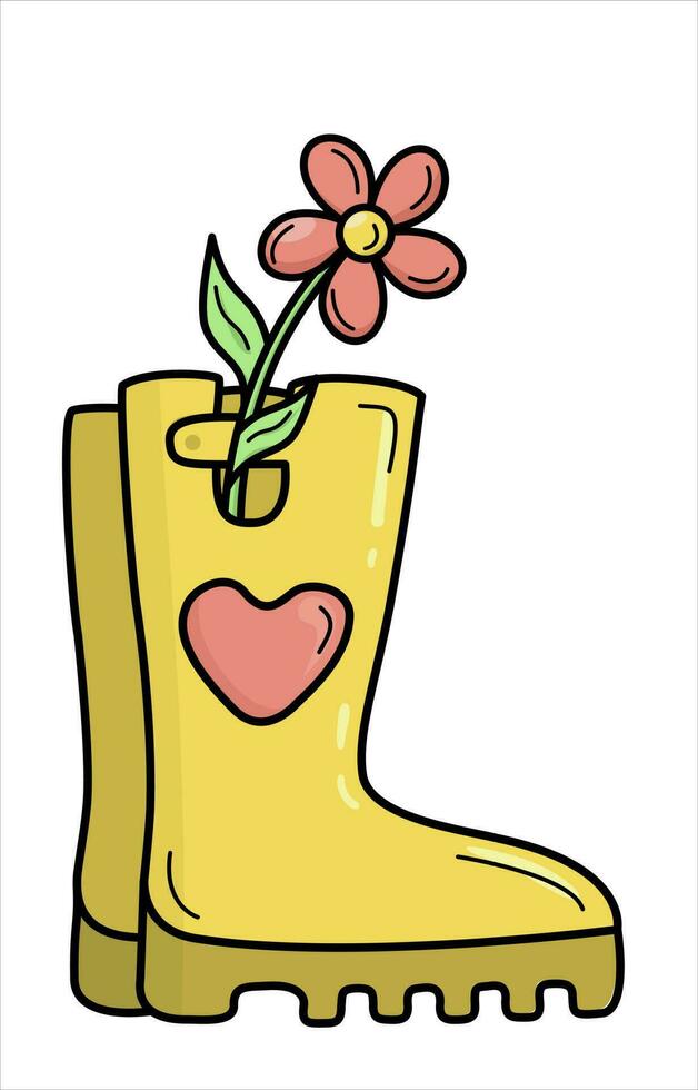 Isolated  color vector illustration rubber boots with heart on it and a flower inside with black outline. Spring, summer, autumn garden theme. Good for web and mobile design.