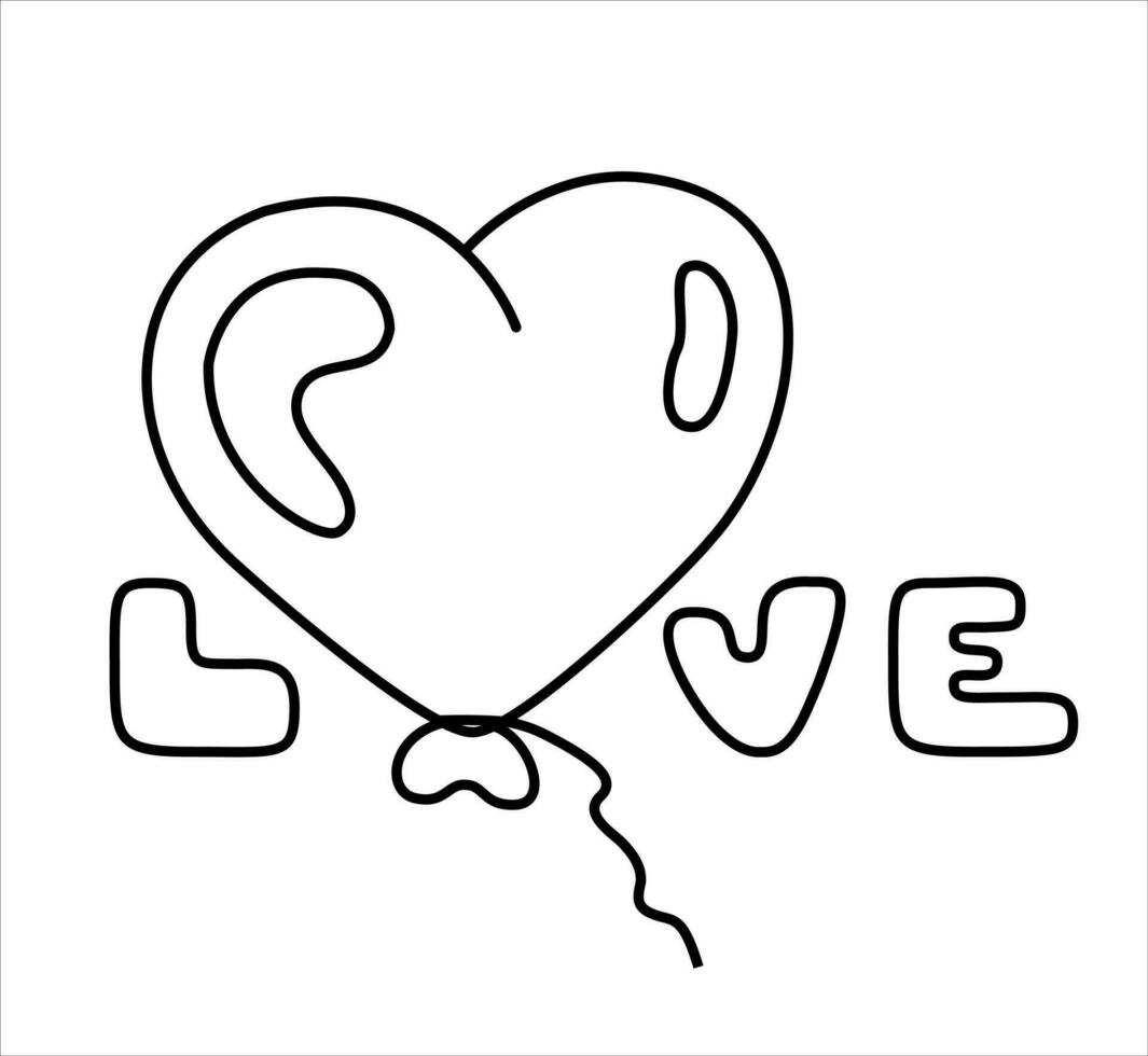 Vector isolated black outline word love with air balloon in shape of heart instead of letter o.