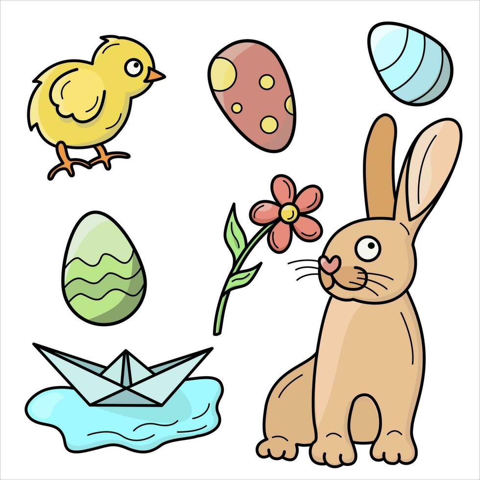 Set of vector color illustrations on the Easter theme with black outline.