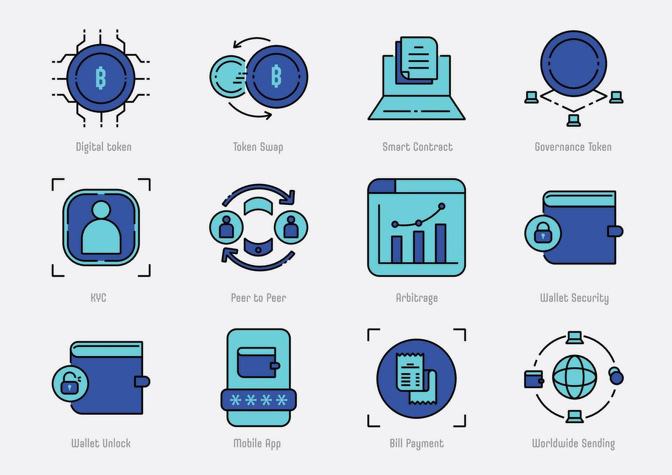 colorline fintech icon set with blockchain technology vector