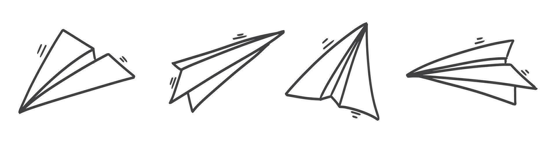 Set of vector illustration of hand drawn paper plane. Isolated. Vector paper airplane. Travel, route symbol. Hand drawn doodle airplane.