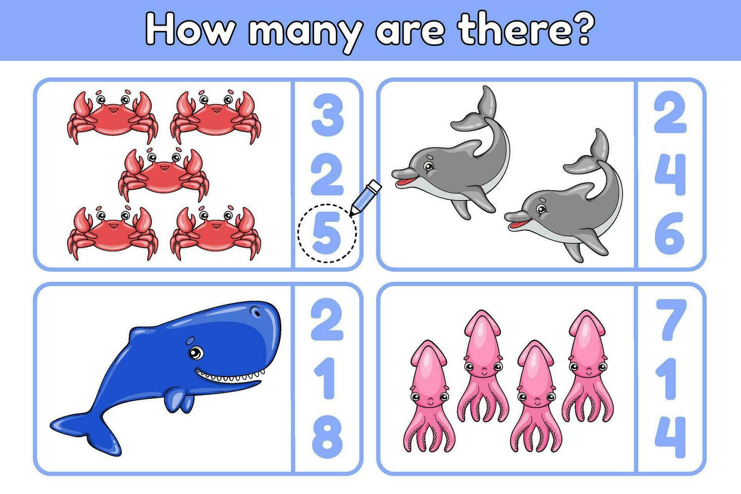 Counting math game for children. Count how many sea animals and choose correct number. Educational worksheet for kindergarten and preschool kids. Cartoon crabs, dolphins, whales, squids. Vector. vector