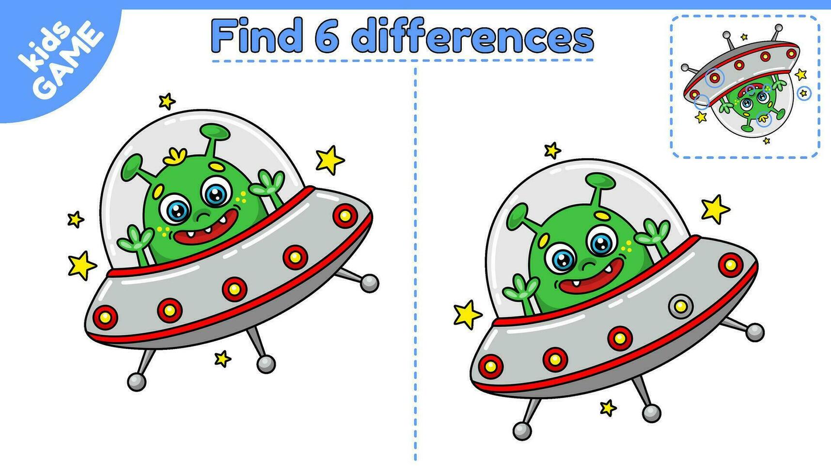 encontrar 6 6 diferencias juego para niños. dibujos animados linda extraterrestre en volador platillo. página de actividad libro para niños. rompecabezas para preescolar y colegio educación. aislado vector ilustración en espacio tema.