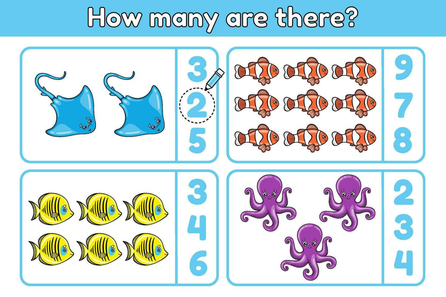 Math educational game for children. How many are there sea animals. Count ocean animals and choose the correct number. Counting task for kids. Cartoon cute stingrays, octopuses and fishes. Vector. vector