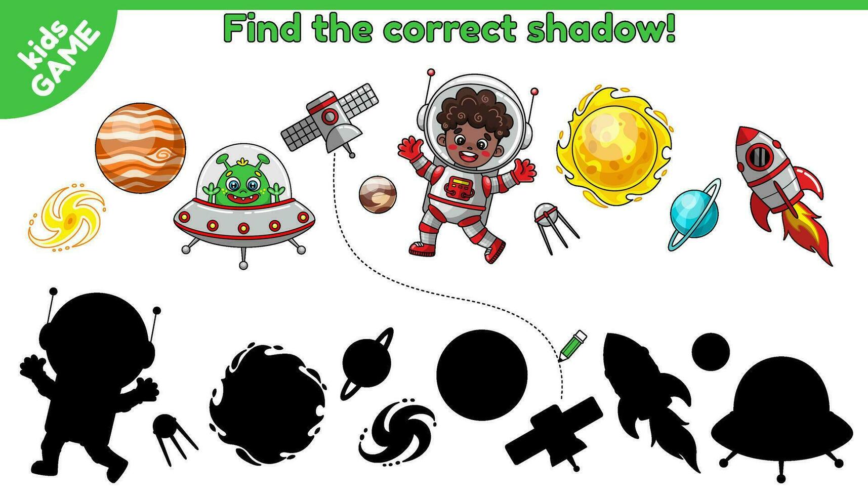 Kids Game. Find the correct shadow. Puzzle for preschool and school education. Activity book for children. Cartoon astronaut afro boy, alien, planets and other. Vector illustrations on space theme.