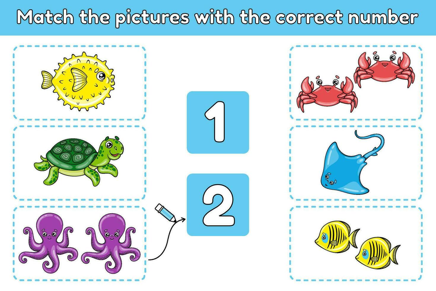 Math educational game for children with sea animals. Match the pictures with the correct number. Counting worksheet for preschool and school kids. Cartoon turtles, crabs, octopuses and others. Vector. vector