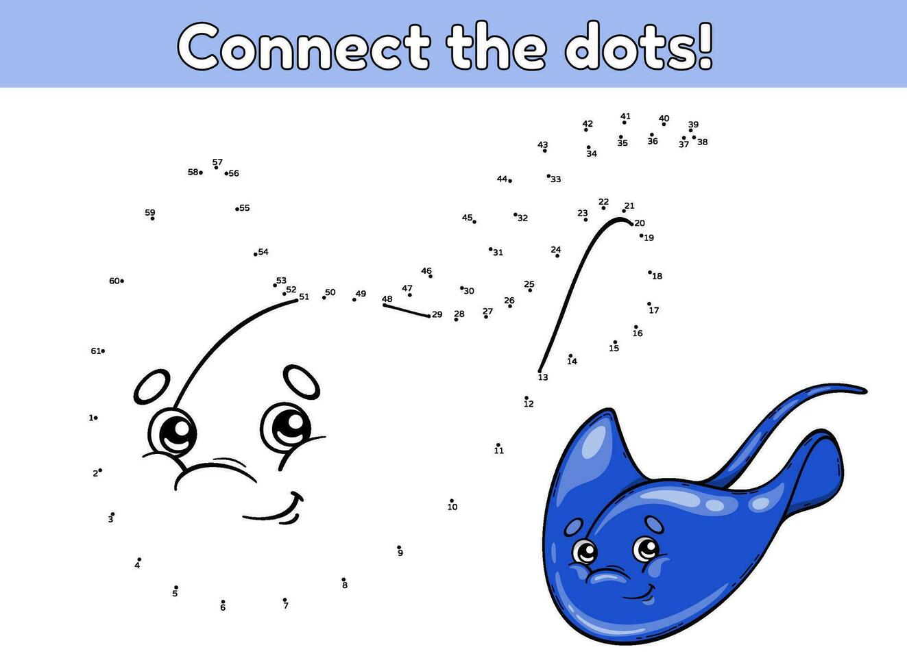 Dot to dot game for children. Connect the numbers in order and draw a cartoon stingray. Draw sea animal. Coloring page. Activity book. Educational puzzle for preschool and school kids. Vector. vector