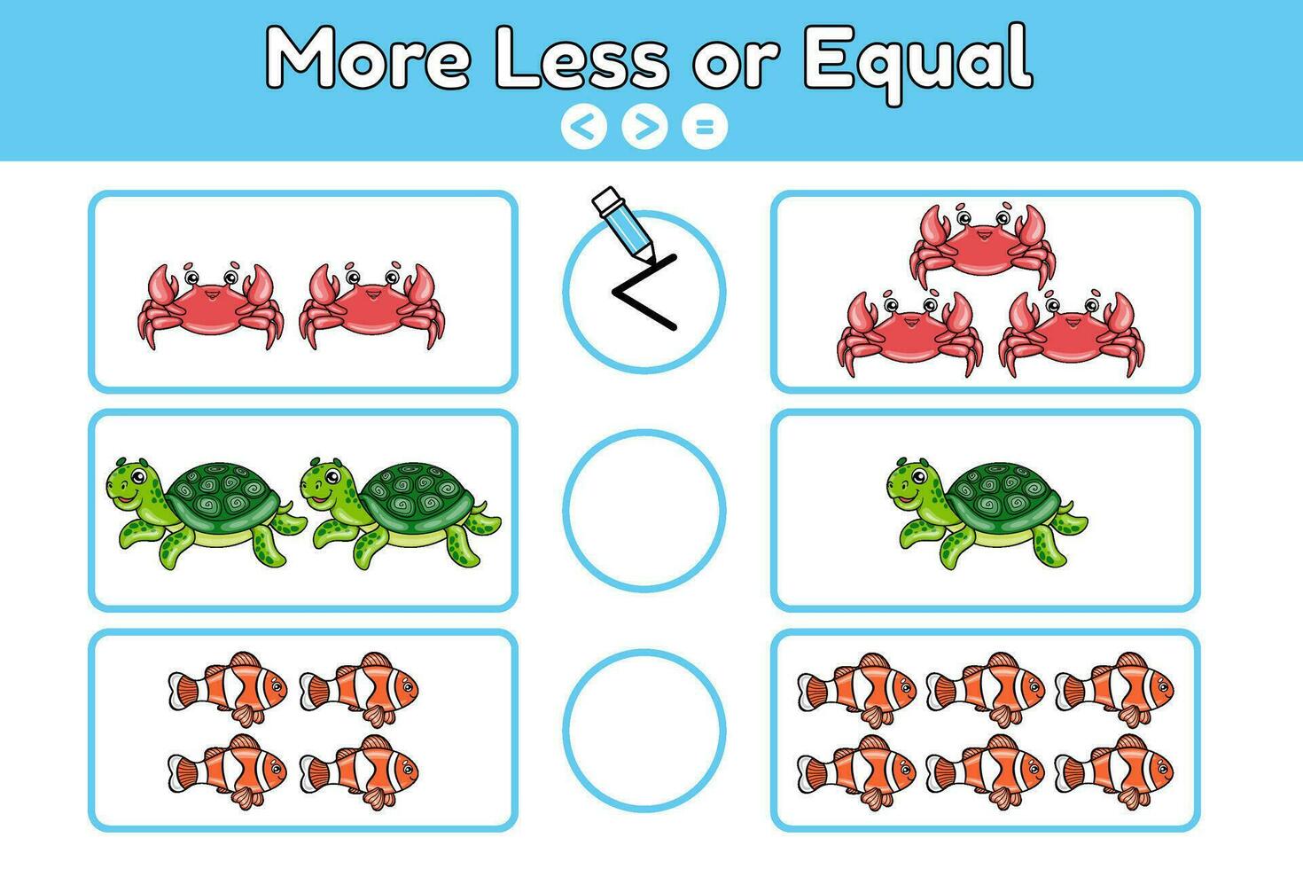 Math educational game for children. Learning kids counting and algebra. Task with cartoon crabs, turtles, fishes. Count sea animals, compare and write down sign choose more, less or equal. Vector. vector