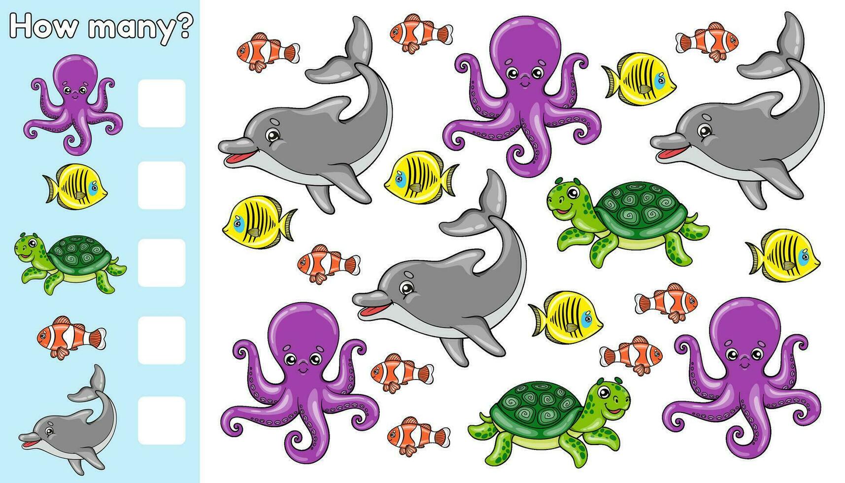 Counting game. Kids math game. How many sea animals. Count cartoon dolphins, turtles, octopuses and fishes. Educational worksheet for preschool and school children. Activity book. Vector illustration.