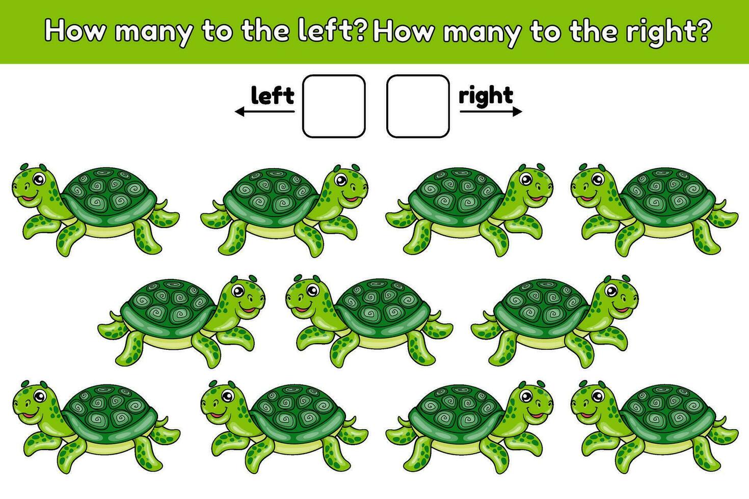 How many turtle swim to the left and how many to the right. Math counting game for kids. Educational worksheet for preschool and school children. Sheet of activity book with sea animals. Vector. vector