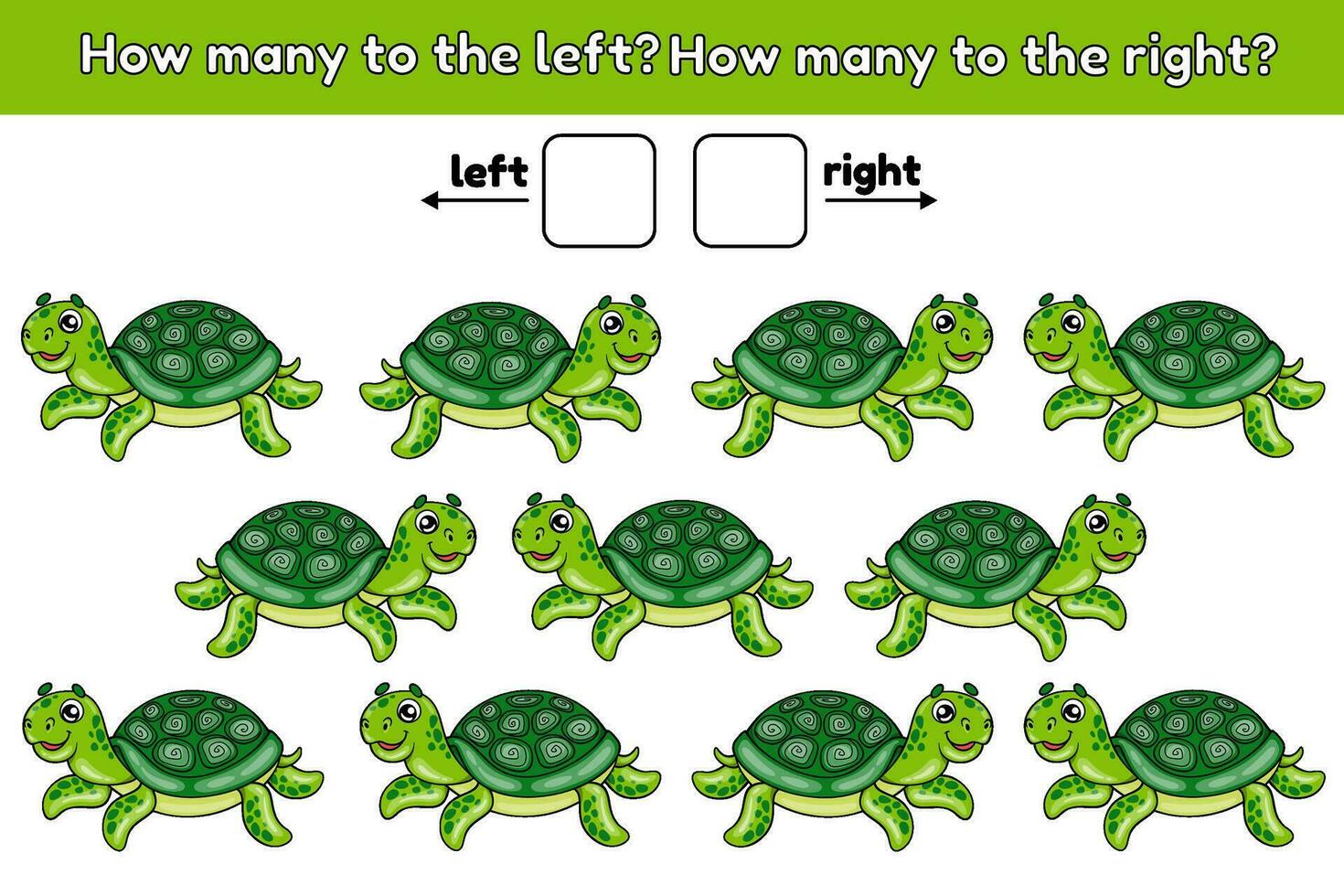 cómo muchos Tortuga nadar a el izquierda y cómo muchos a el bien. matemáticas contando juego para niños. educativo hoja de cálculo para preescolar y colegio niños. sábana de actividad libro con mar animales vector. vector