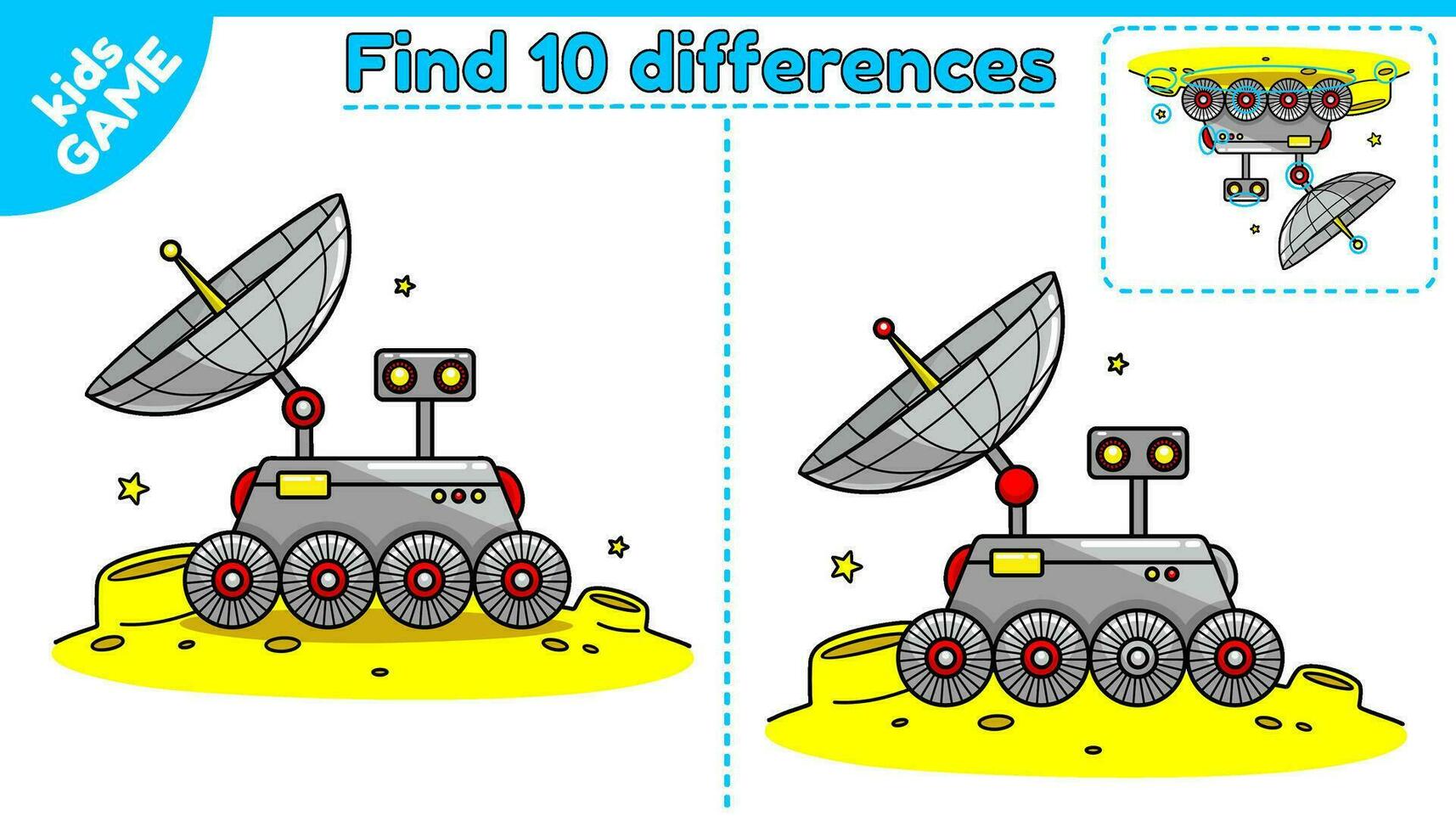 Educational game for kids. Find 10 differences. Cartoon lunar rover on moon in space. Puzzle for children. Worksheet for preschool and school education. Isolated vector illustration on cosmos theme.