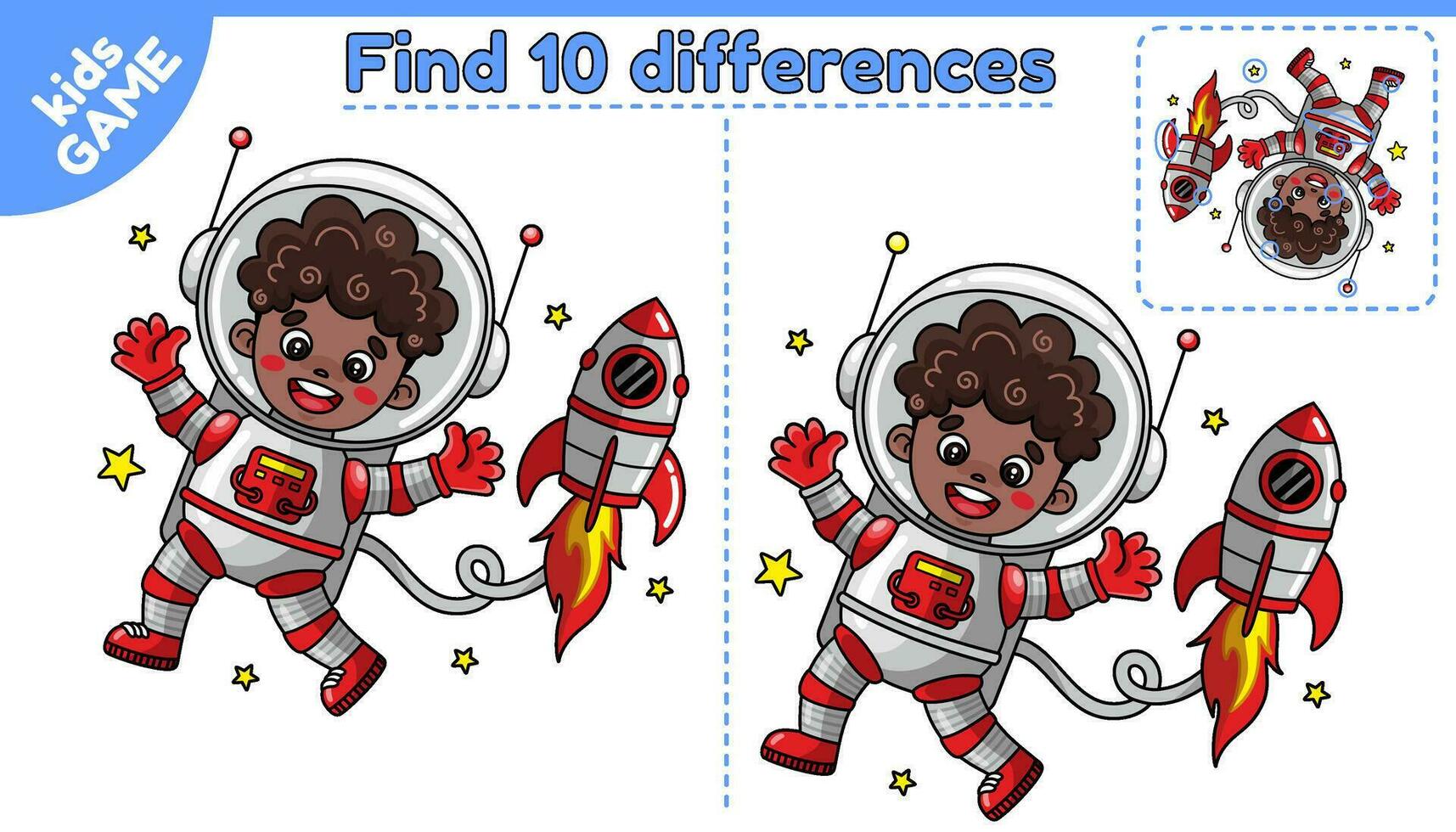 Educational game for kids. Find 10 differences. Cartoon astronaut boy afro american with spacecraft in space. Puzzle for children. Worksheet for preschool and school education. Vector illustration.