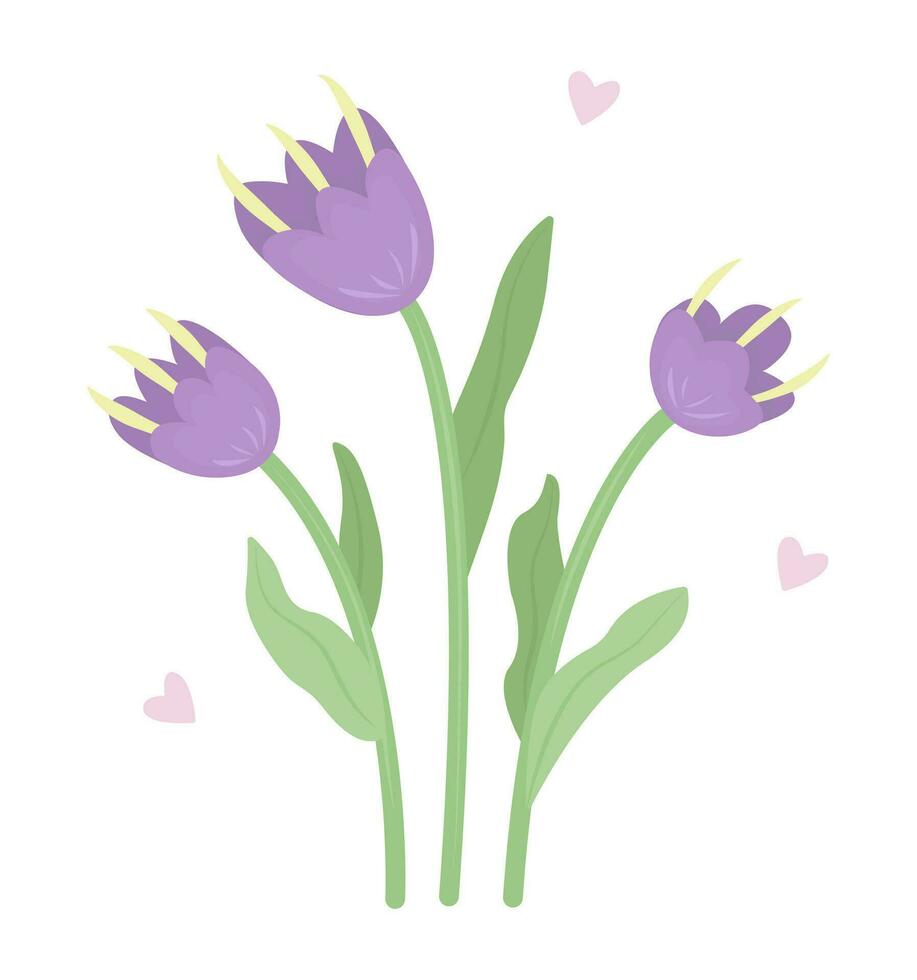 Three purple flowers, cute kawaii illustration vector