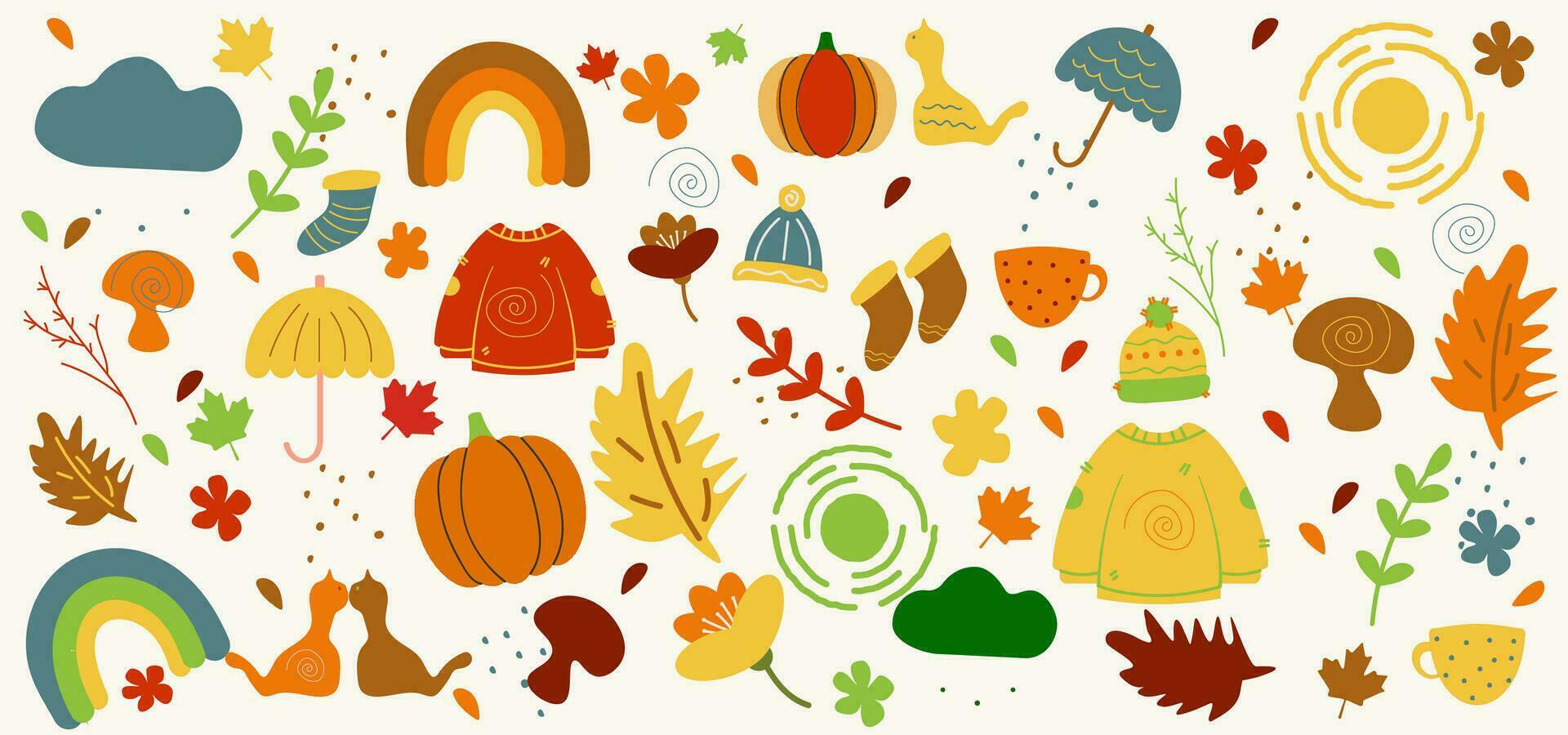 Vector collection with autumn symbols and elements. Autumn colors .