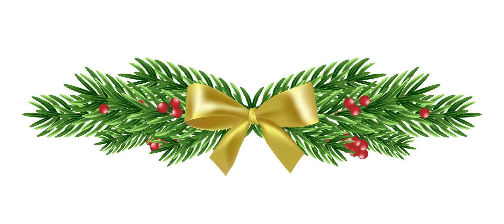 Christmas garland with fir branches and a golden bow. Holiday background. Vector