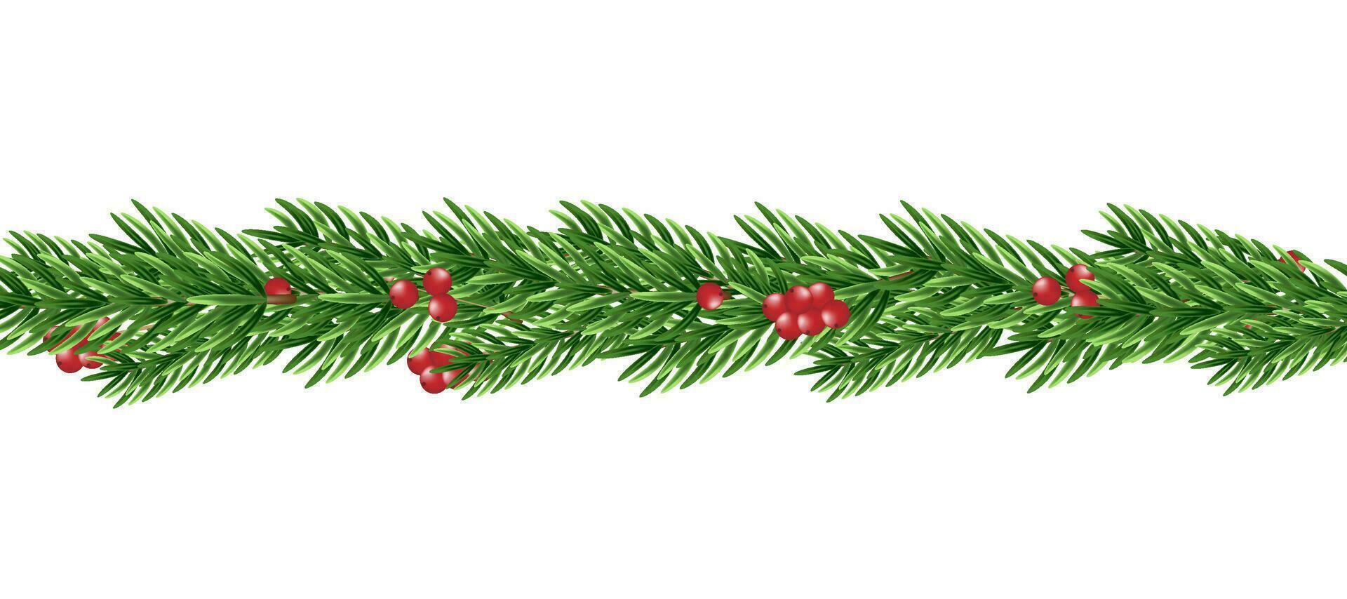 Christmas garland of realistic spruce branches Spruce garland with red berries. Holiday background. Vector