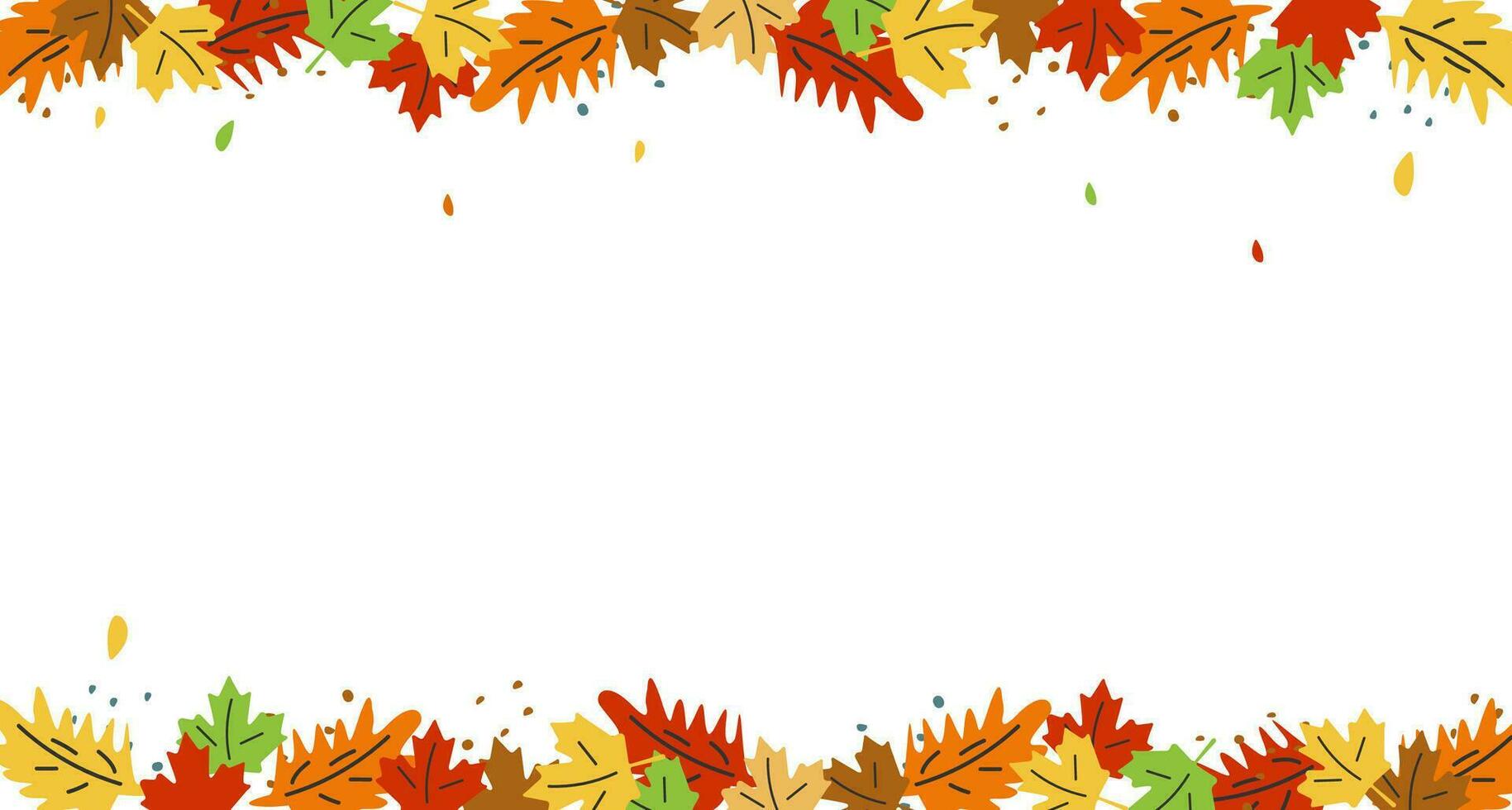 Autumn background with place for your text. Autumn seasonal background with long horizontal border made of falling autumn yellow, red and orange colored leaves isolated on background. Vector