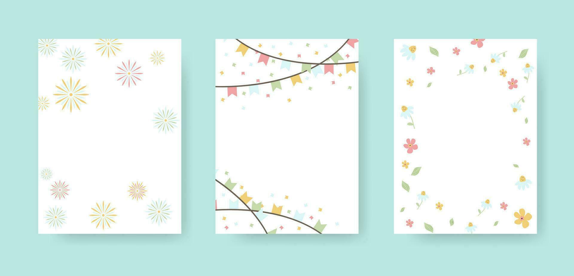 un conjunto de plantillas y antecedentes para el fiesta y fiesta. un conjunto de Tres fiesta tarjetas, bandera invitaciones vector fiesta antecedentes para cumpleaños