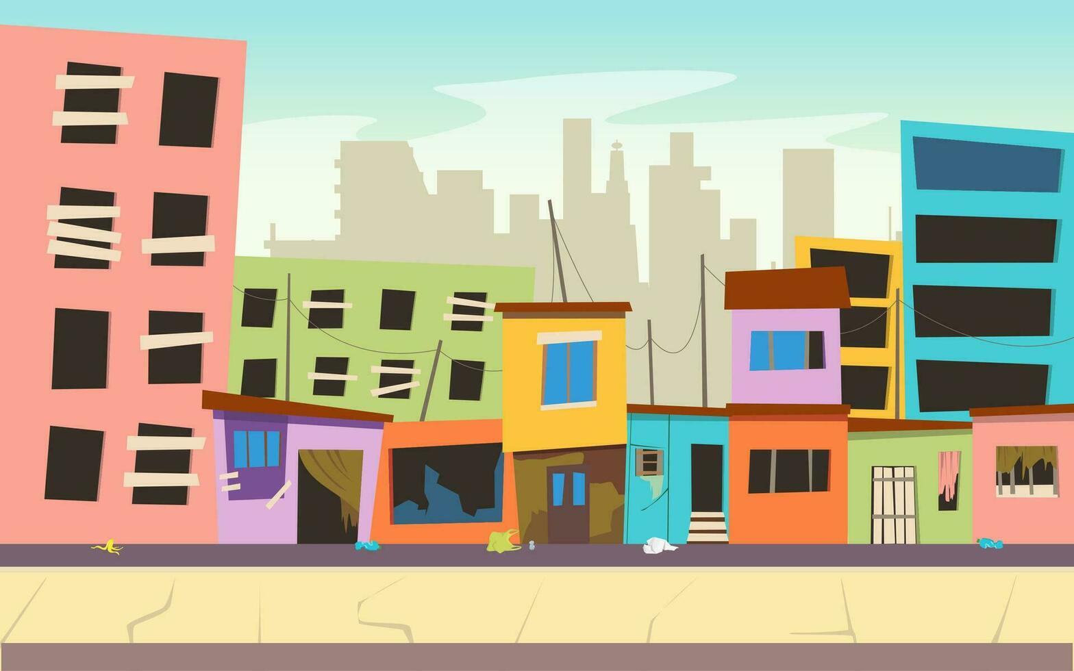Cartoon Color Ghetto Street with Pour Dirty Houses Landscape Scene Concept. Vector