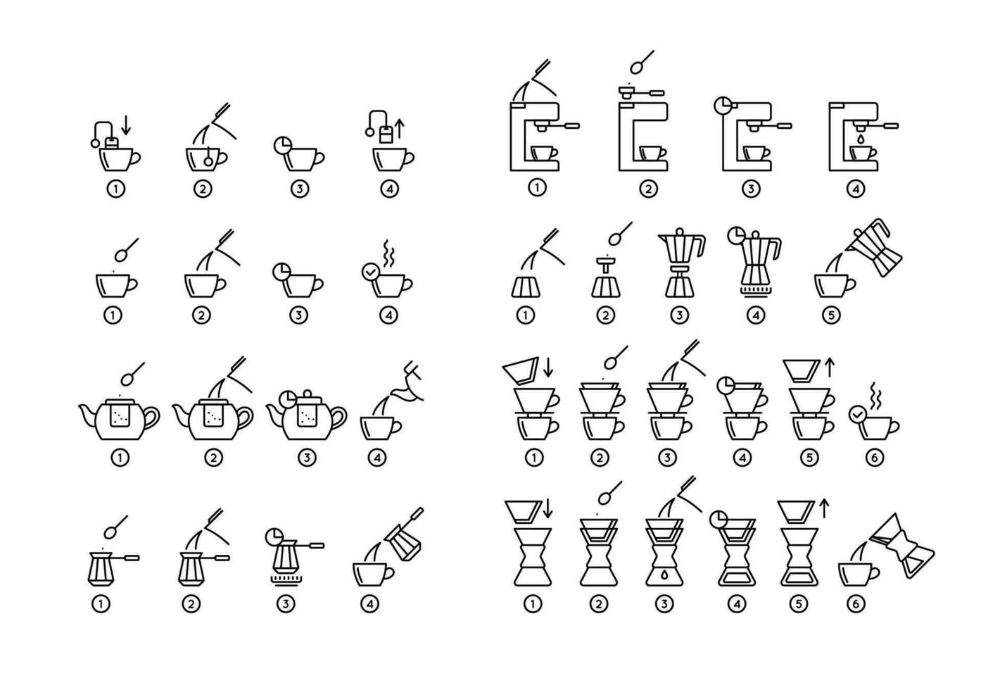 Brewing Tea and Coffee Instruction Black Thin Line Icon Set. Vector
