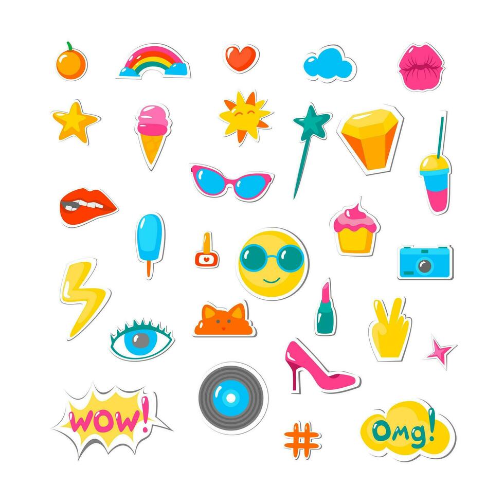 Cartoon Color Different Pop Art Fashion Chic Patches Icon Set. Vector