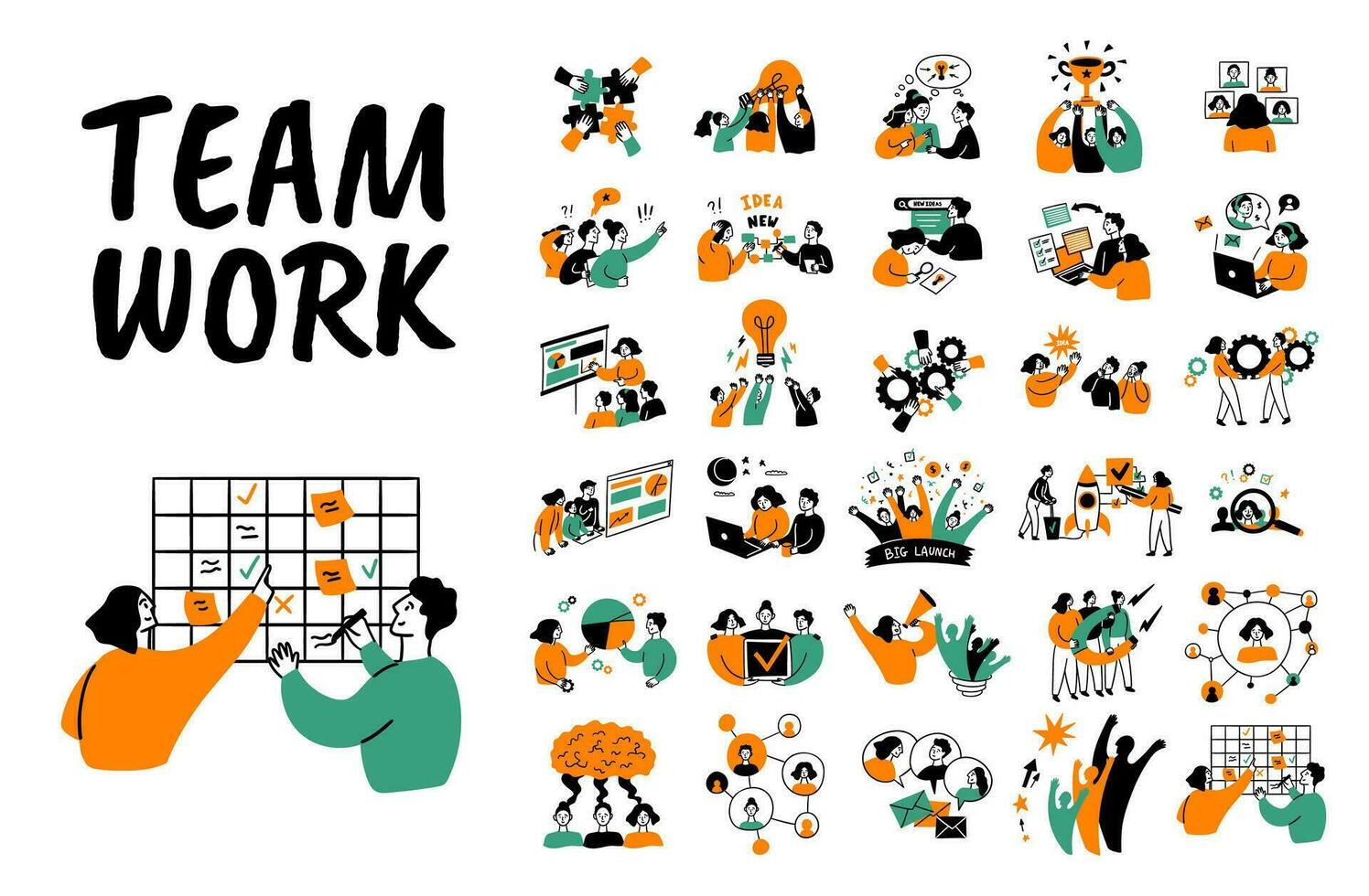 Cartoon Color Teamwork Concept Set. Vector