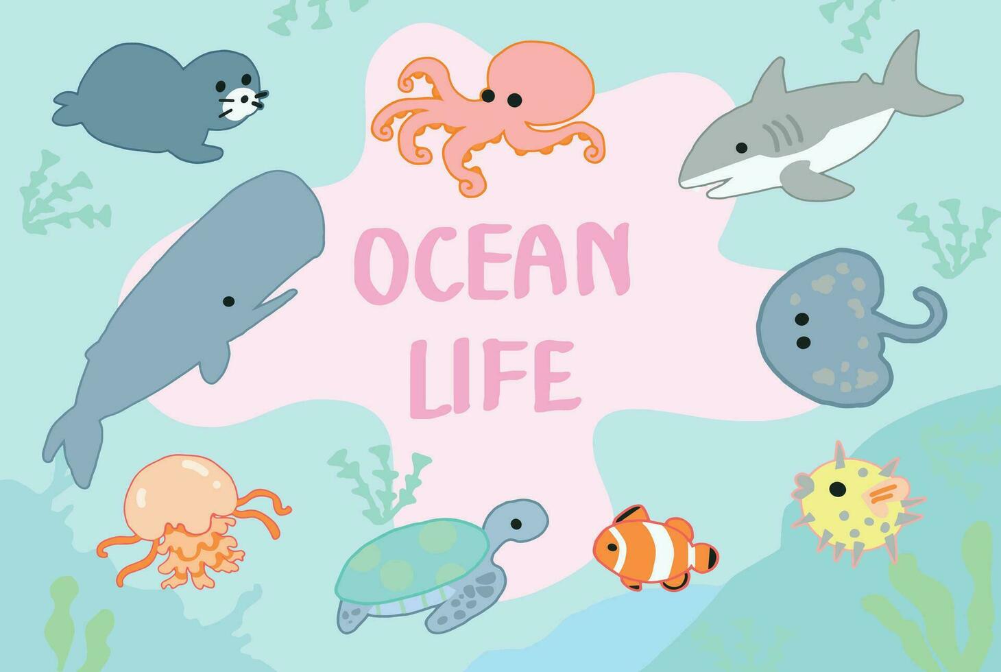 Ocean life for icon set and illustration cartoon style. vector