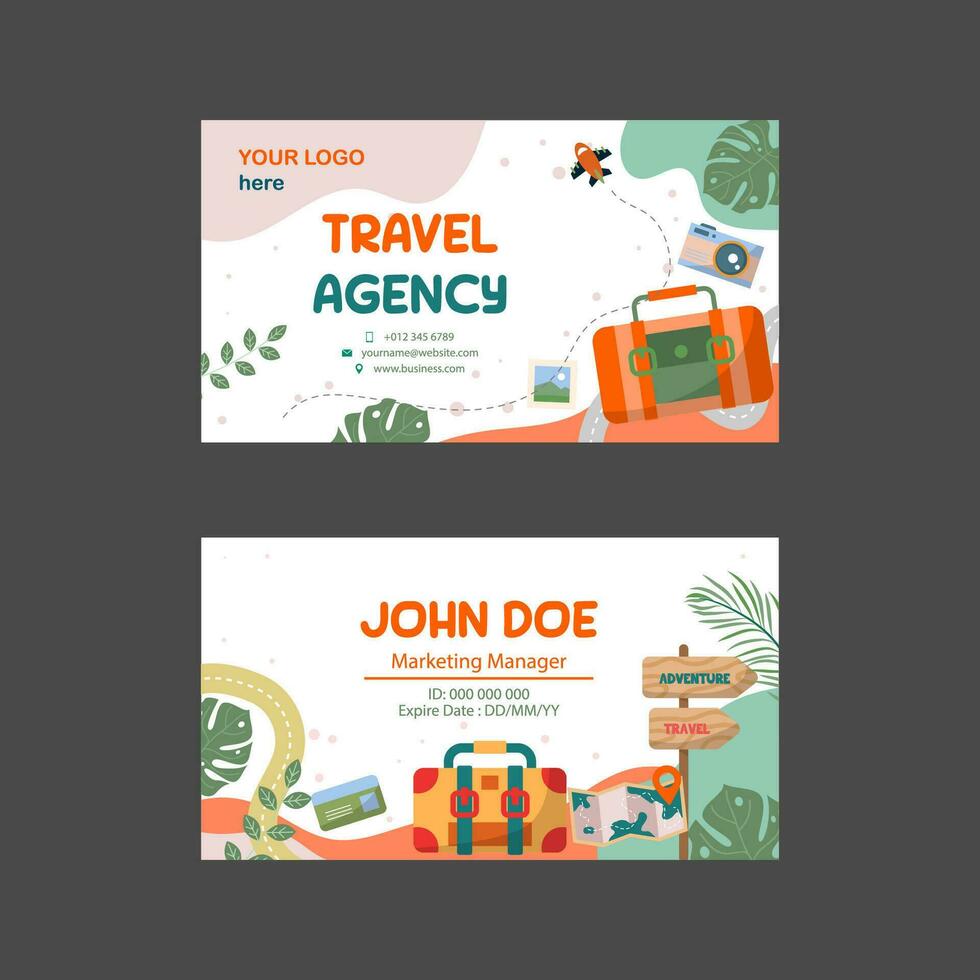 Hand drawn name card of travel agency with flat color concept vector