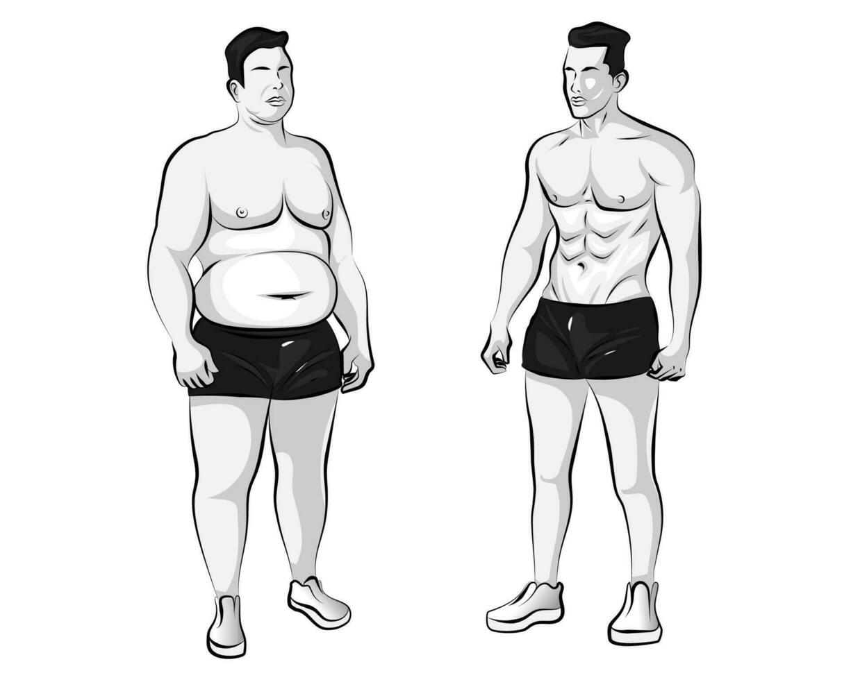 lleno cuerpo masculino rutina de ejercicio antes de y después vector