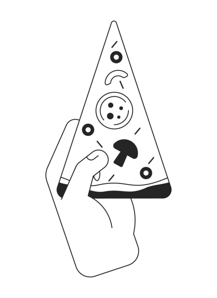 Hand holding pizza slice bw concept vector spot illustration. Fast food 2D cartoon flat line monochromatic hand for web UI design.editable isolated outline hero image