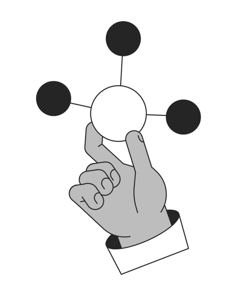 Hand holding molecule flat monochrome isolated vector object. Atoms bonded together. Editable black and white line art drawing. Simple outline spot illustration for web graphic design