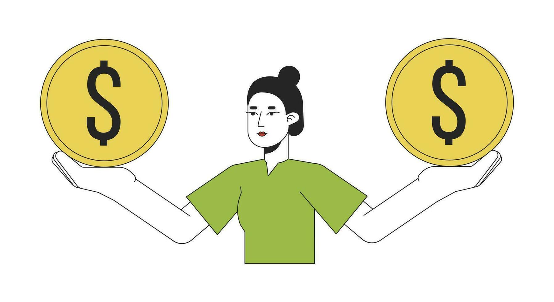 linda asiático mujer participación monedas en manos plano línea color vector personaje. equilibrar en finanzas. editable contorno lleno cuerpo persona en blanco. sencillo dibujos animados Mancha ilustración para web gráfico diseño