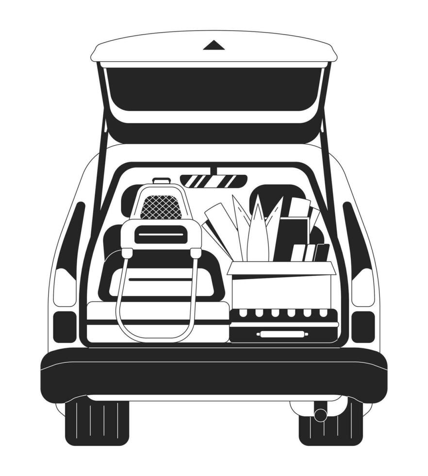 Car trunk with personal belongings flat monochrome isolated vector object. Packing for road trip. Editable black and white line art drawing. Simple outline spot illustration for web graphic design