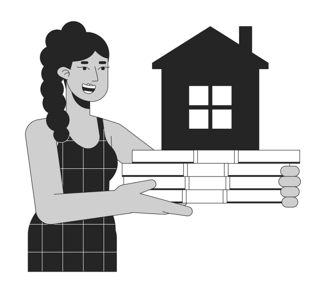 Mortgage for real estate bw concept vector spot illustration. Woman holding cash for buying house 2D cartoon flat line monochromatic on white for web UI design. Editable isolated color hero image