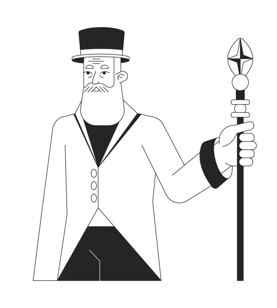 Bearded senior man in hat flat line black white vector character. Editable outline full body person in evening dress holding staff. Simple cartoon isolated spot illustration for web graphic design