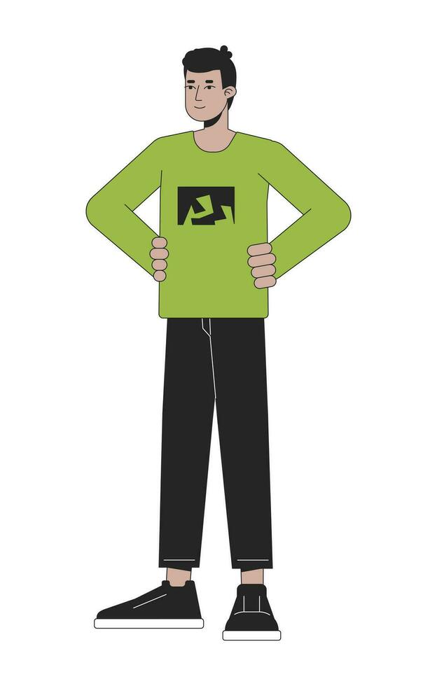 Focused young man flat line color vector character. Editable outline full body person keeps hands on waist on white. Simple cartoon spot illustration for web graphic design