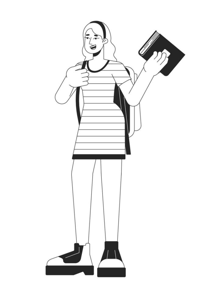 Caucasian college girl holding book flat line black white vector character. Editable outline full body person. Backpack student female simple cartoon isolated spot illustration for web design